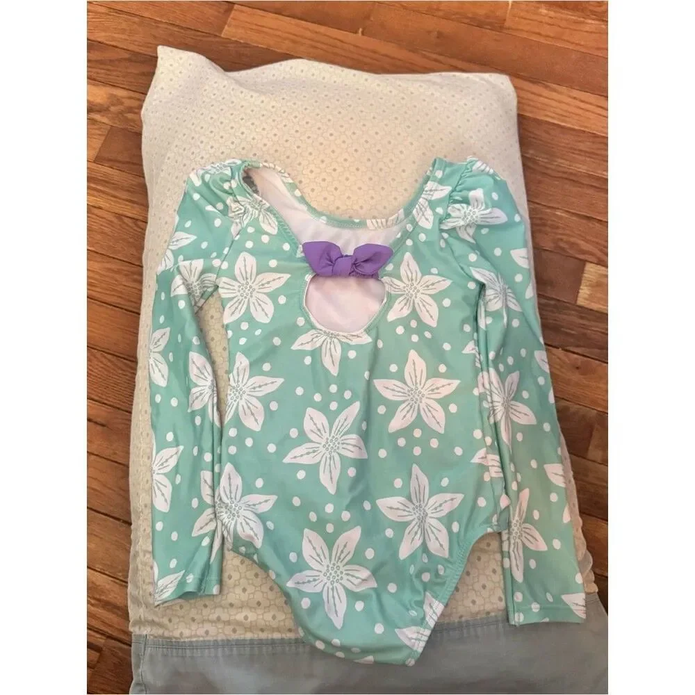 Disney Girls' Aqua Long-Sleeve One-Piece Swimsuit with Mermaid Graphic